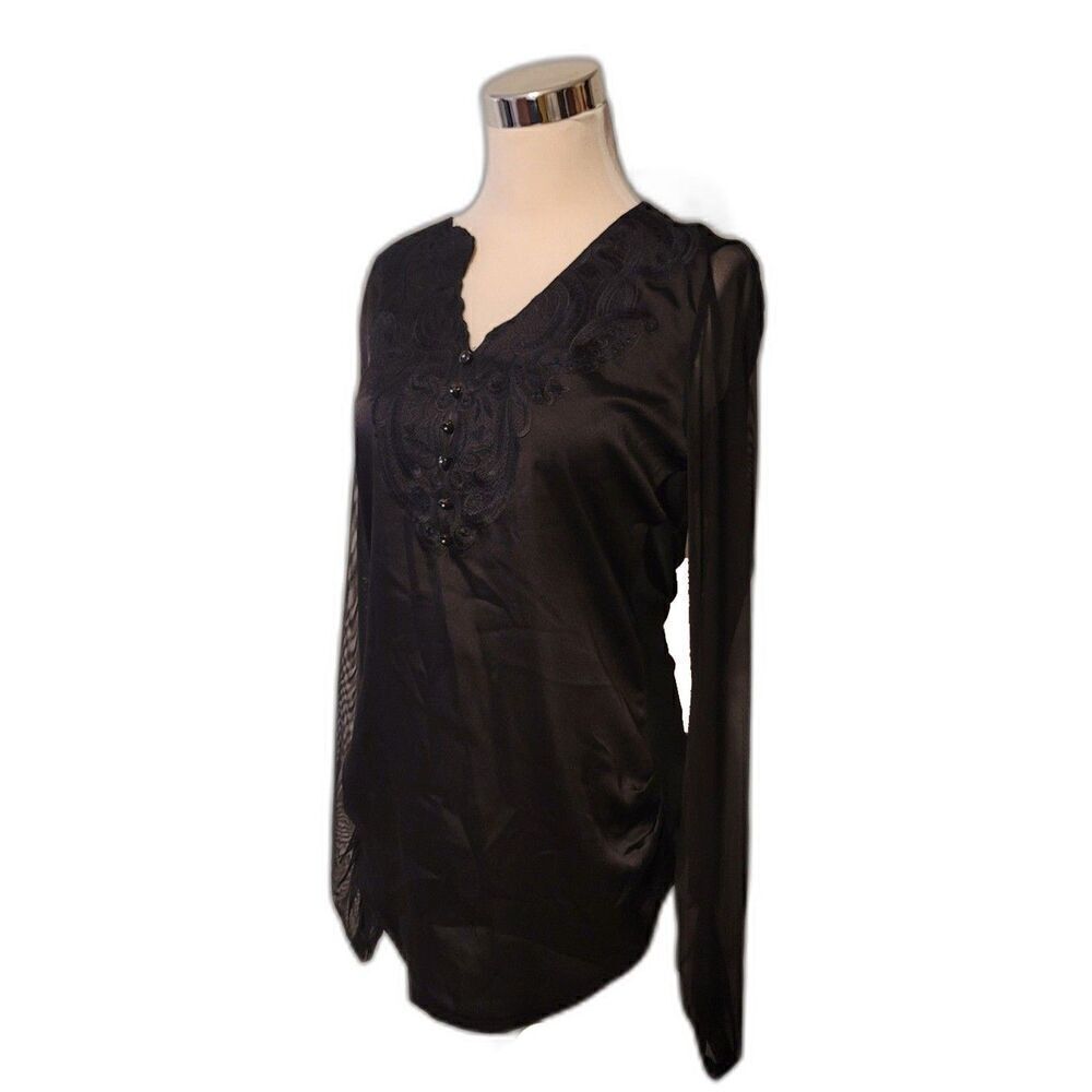 Embroidered Satin Front Shear Back & Sleeves Black Top Size XXL